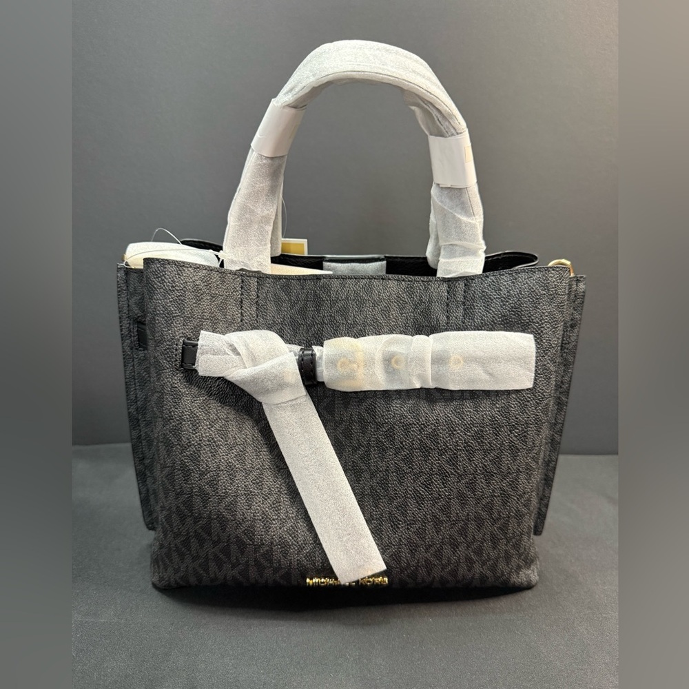 Michael Kors Emilia Small Satchel Purse Crossbody Black Dark with Monogram NEW